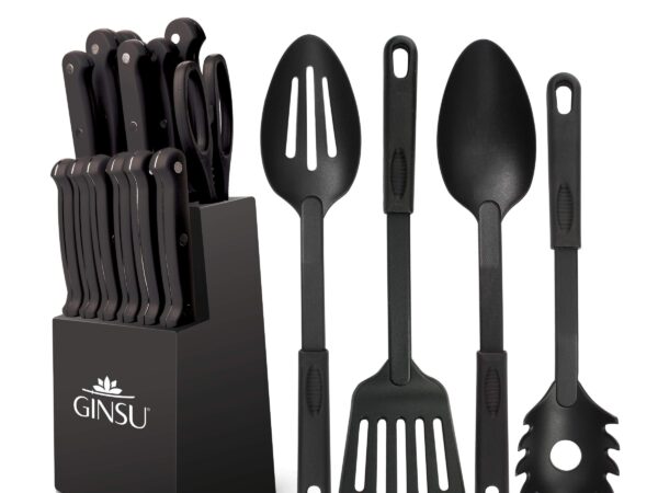 Ginsu Kiso 18-Piece Black Knife Set with Black Block - Dishwasher Safe and Always Sharp