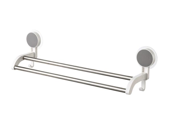 Cetomo Wall Mounted Double-Bar Towel Rack with 2 Hooks for Shower Pouf Cleaning Cloth Brush Scoop Kitchen Bathroom, Plastic Frame Iron Rod No Drill Adhesive, White