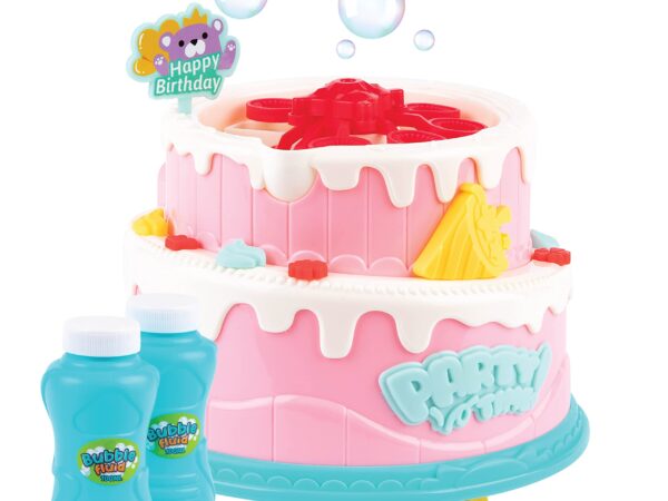 Madzee Cake Bubble Machine for Kids & Toddler Toys - Bubble Maker Blower with Lights and Music for Girls Birthday Parties - includes 2 Bottle Bubble Solution