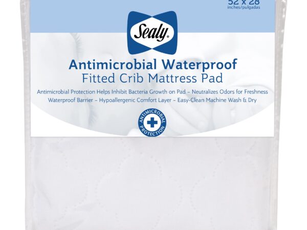 Sealy Baby Antimicrobial Fitted Waterproof Baby Crib Mattress Protector, Crib Mattress Topper, Crib Mattress Pad, Toddler Bed Mattress Protector, Machine Washable/Dryer Friendly, 52” x 28”- White