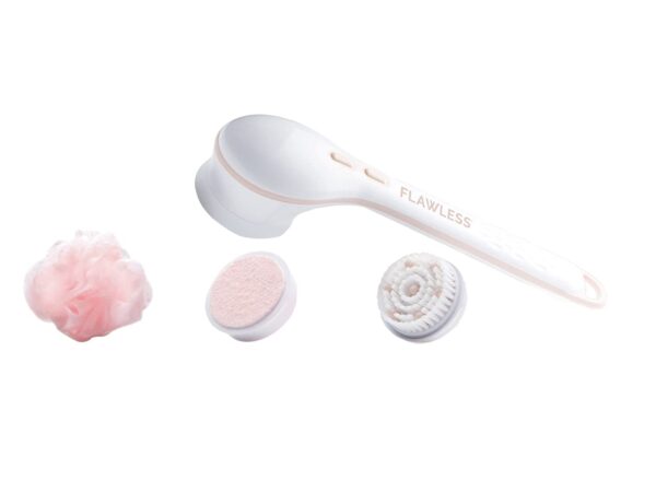 Flawless Cleanse Spa Shower Wand - Cordless Spinning Bath Brush with 4 Attachments - Loofah, Cleansing, Massage, Pumice Stone Heads